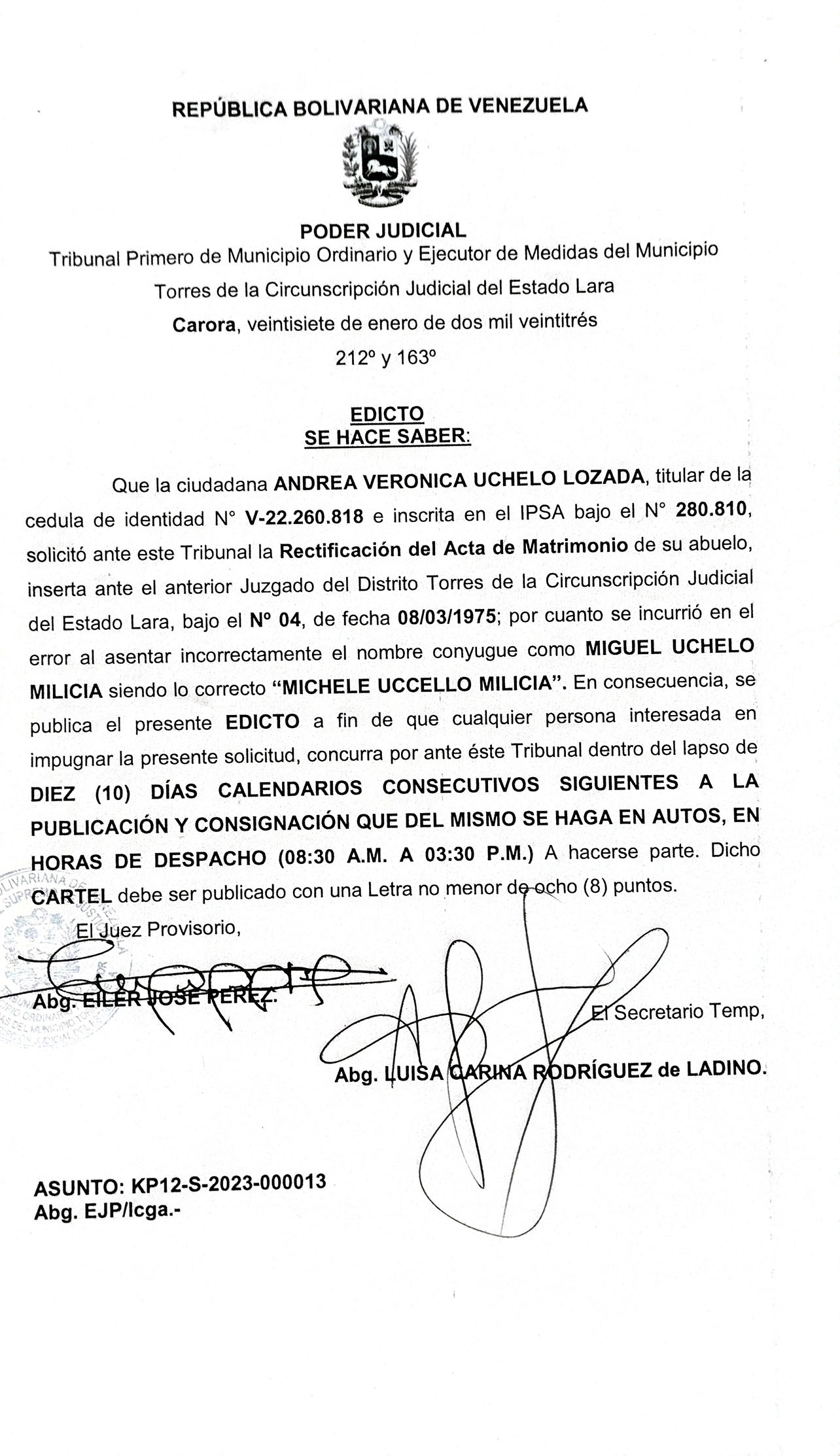 ▷ Edicto - Rectificación de acta de matrimonio - El Impulso