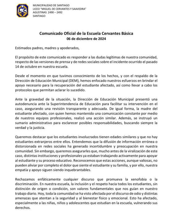 Comunicado de la Escuela Básica Miguel de Cervantes