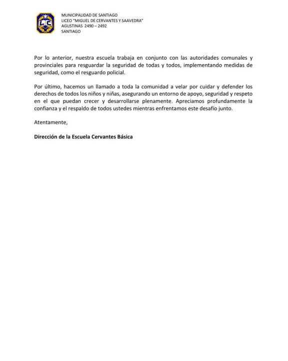 Comunicado de la Escuela Básica Miguel de Cervantes