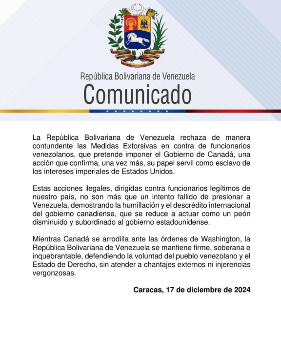 Gobierno de Venezuela emitió un comunicado ante sanciones de Canadá