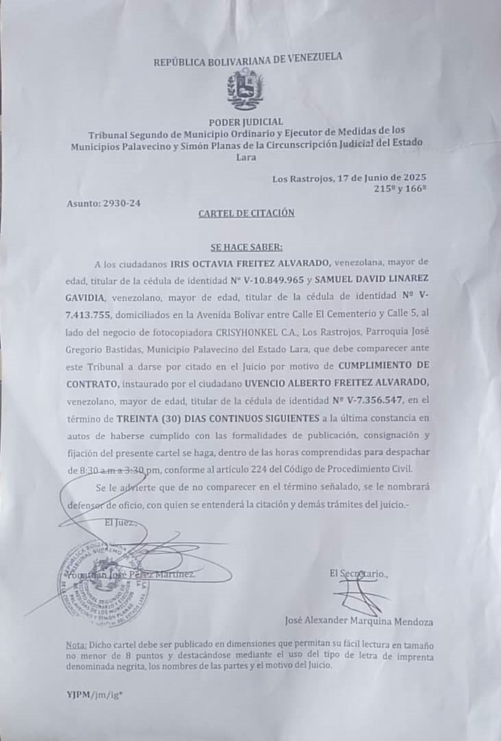 Cartel de Citación a los ciudadanos Iris Octavia Fréitez Alvarado y Samuel David Linárez Gavidia, cédulas de identidad V-10.849.965 y V-7.413.755, Juicio por Cumplimiento de Contrato, asunto: 2930-24 (2)