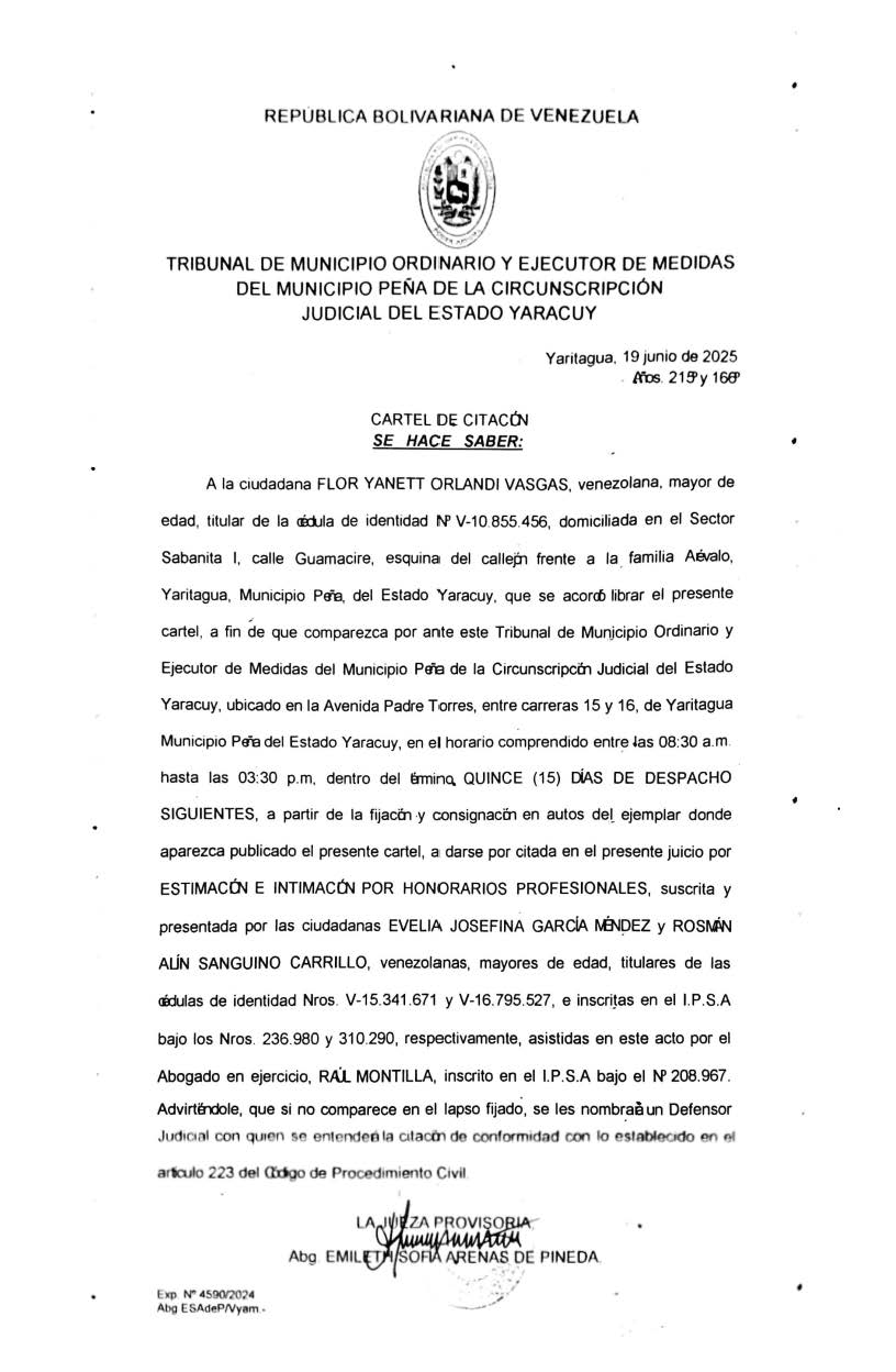 Cartel de Citación a la ciudadana Flor Yanett Orlandi Vargas, cédula de identidad V-10.855.456, Juicio por Estimación e Intimación por Honorarios Profesionales, Exp. N° 4590/2024