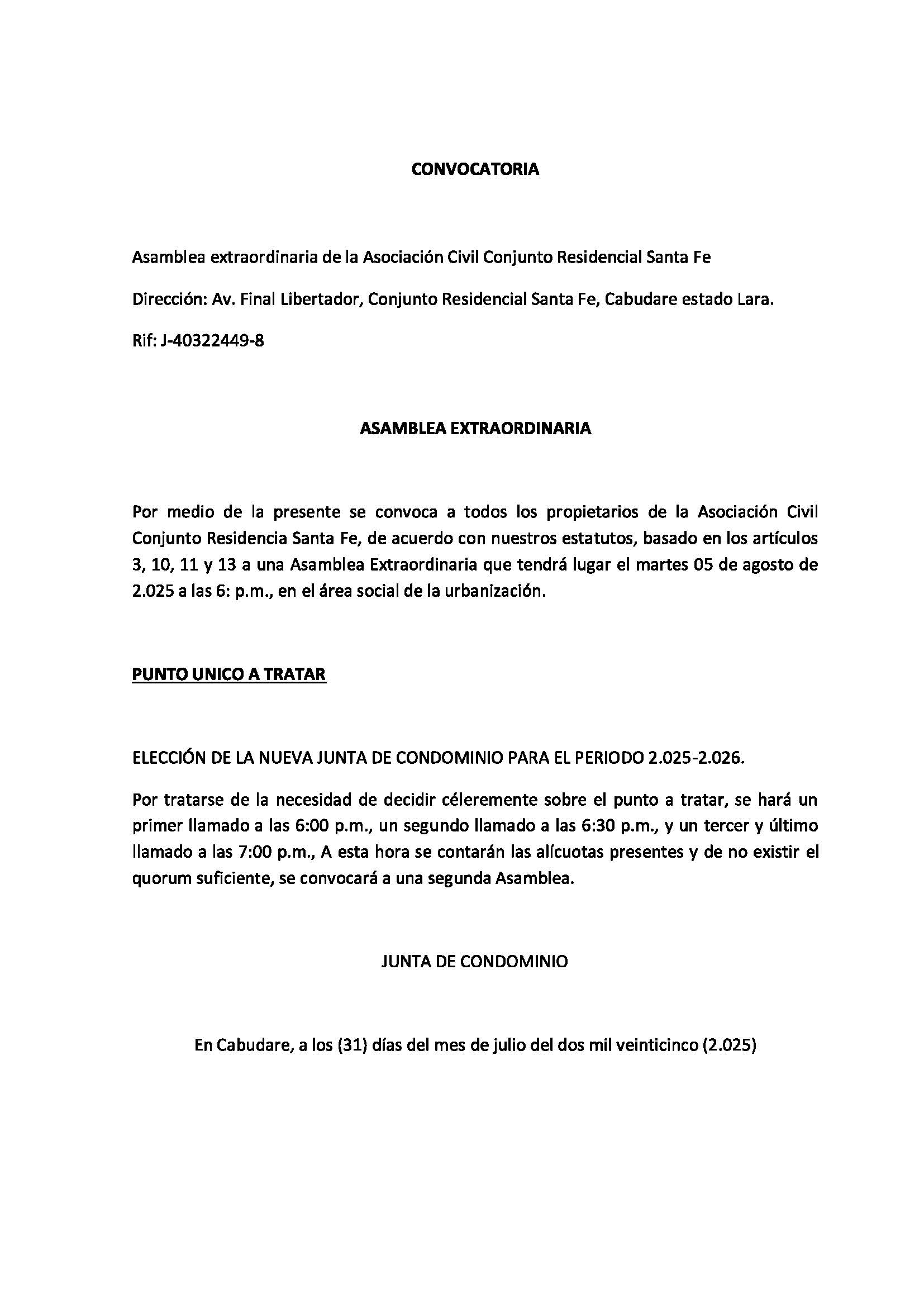 Convocatoria – Asamblea Extraordinaria de la Asociación Civil “Conjunto Residencial Santa Fe”