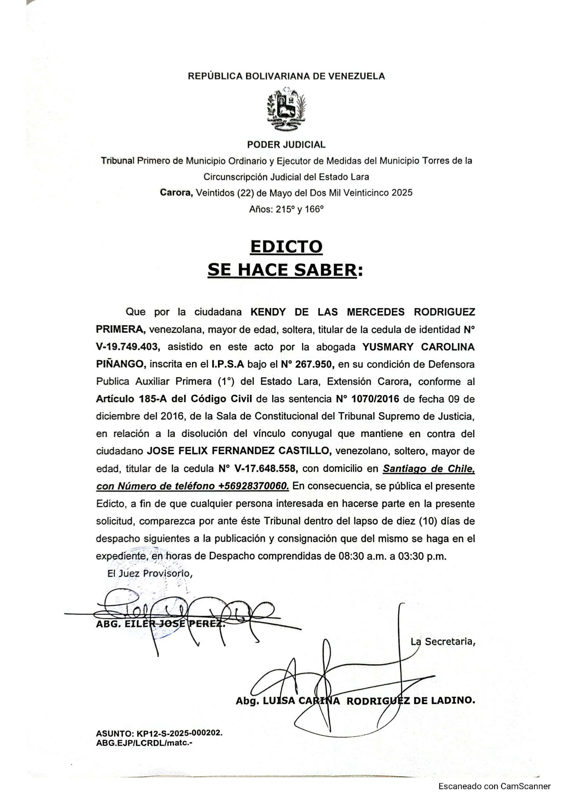 Edicto – Solicitud de Disolución de Vínculo Conyugal presentada por la ciudadana Kendy de las Mercedes Rodríguez Primera, asunto: KP12-S-2025-000202