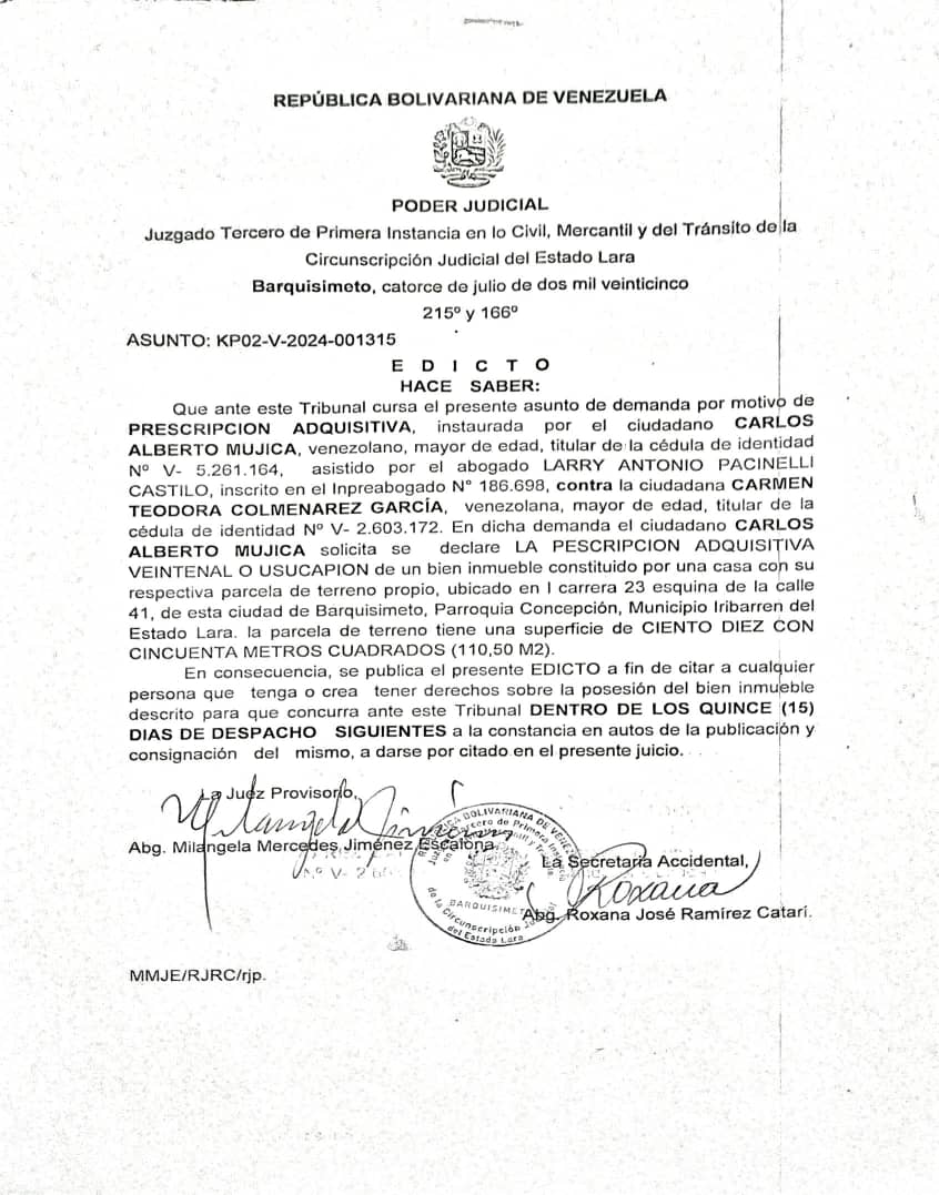 Edicto – Demanda por Prescripción Adquisitiva contra la ciudadana Carmen Teodora Colmenárez García, cédula de identidad V- 2.603.172, instaurada por el ciudadano Carlos Alberto Mujica, asunto: KP02-V-2024-001315 (4)