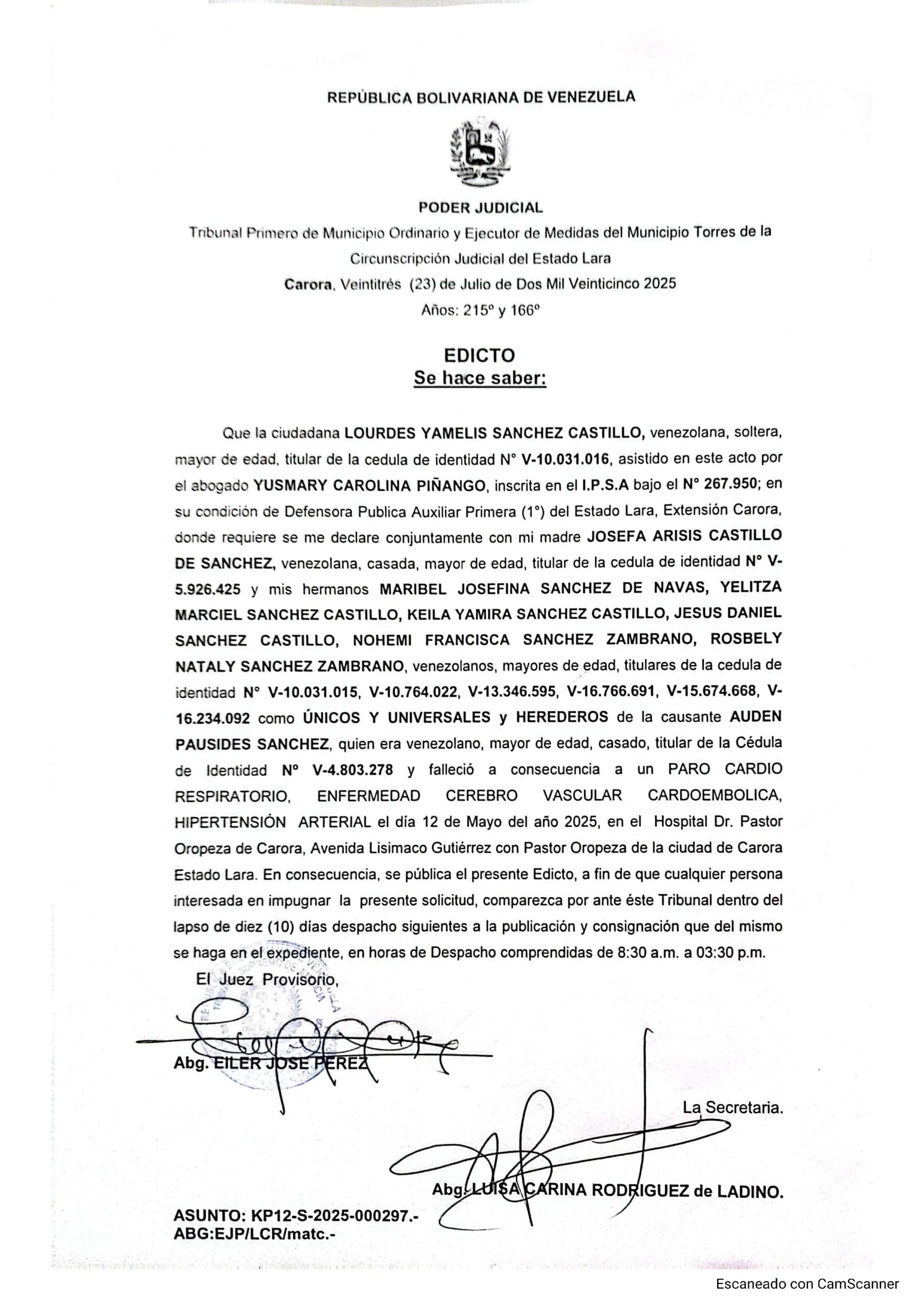 Edicto – Solicitud de Declaración de Únicos y Universales Herederos presentado por la ciudadana Lourdes Yamelis Sánchez Castillo, asunto: KP12-S-2025-000297