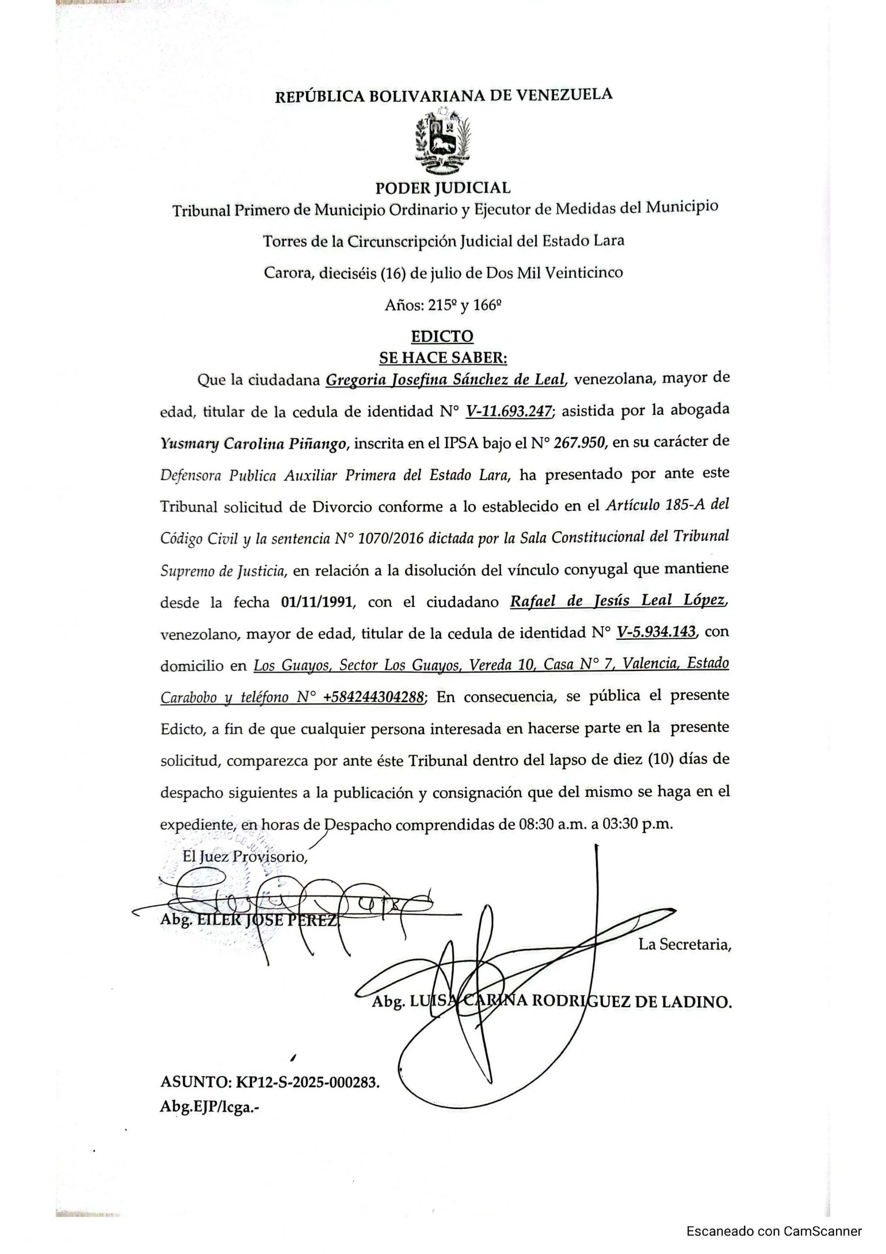 Edicto – Solicitud de Disolución de Vínculo Conyugal presentado por la ciudadana Gregoria Josefina Sánchez de Leal, asunto: KP12-S-2025-000283