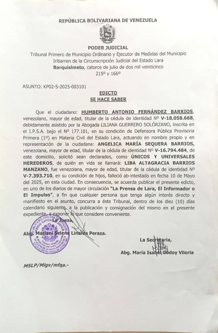 Edicto – Solicitud de Declaración de Únicos y Universales Herederos solicitado por el ciudadano Humberto Antonio Fernández Barrios, asunto: KP02-S-2025-003101