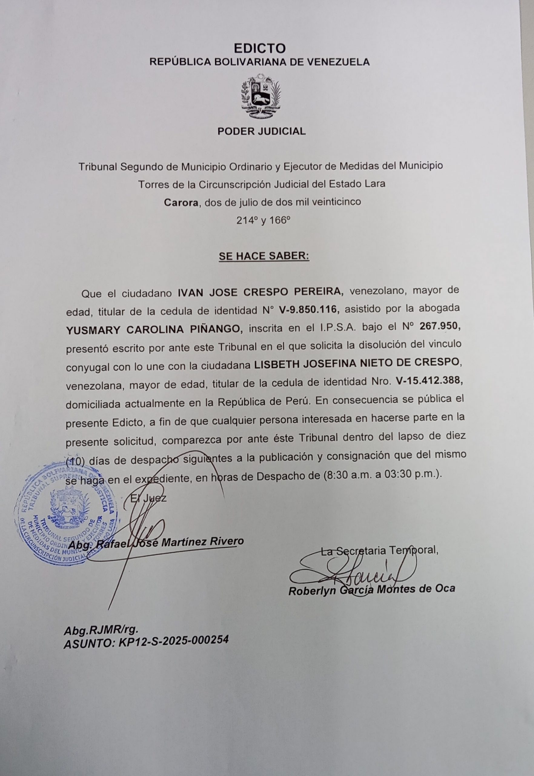 Edicto – Solicitud de Disolución de Vínculo Conyugal presentado por el ciudadano Iván José Crespo Pereira, asunto: KP12-S-2025-000254